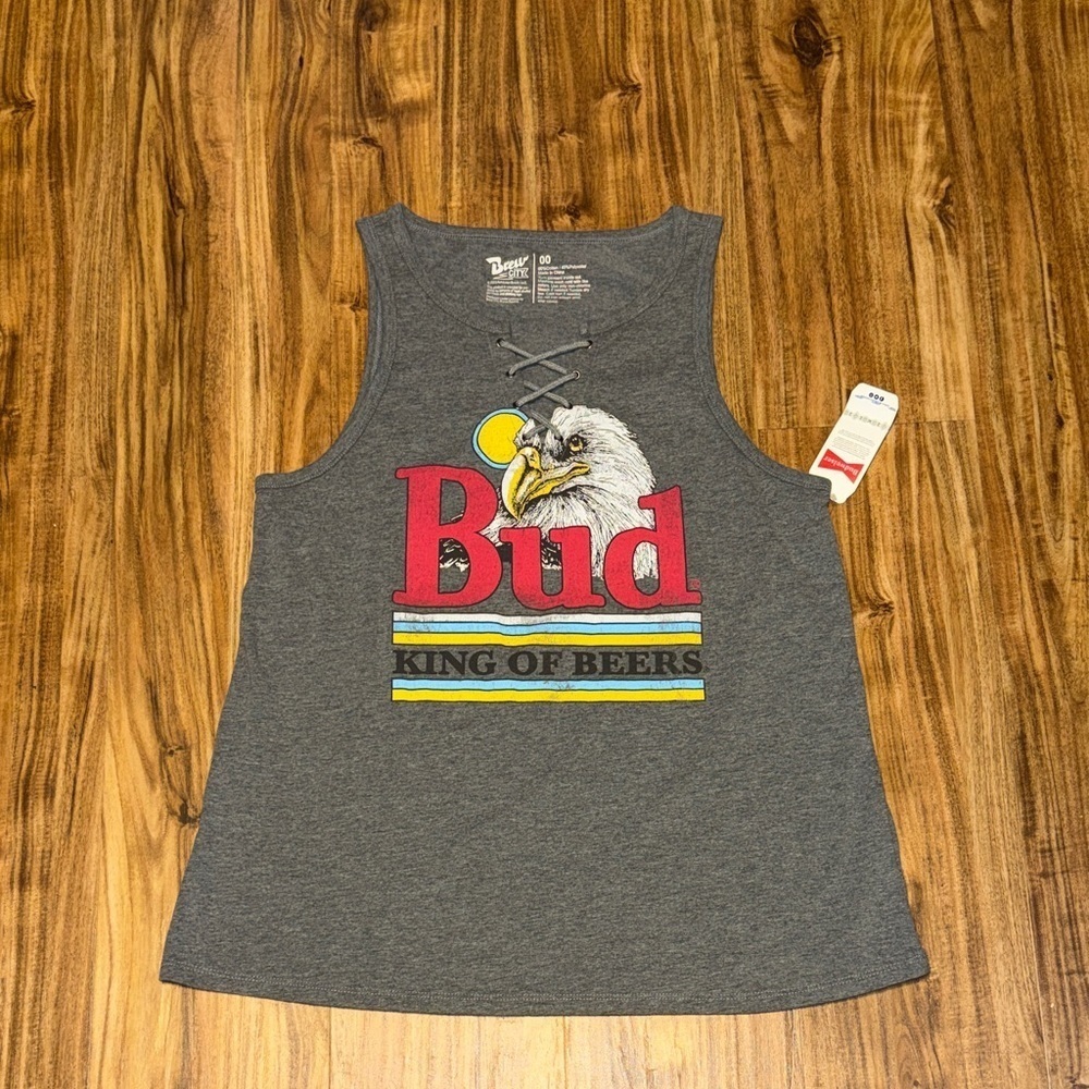 Brew City women’s medium large Bud beer grey Tank top shirt lace up graphic NWT